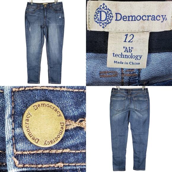 Democracy AB Technology Jeans Womens Size 12 Blue Distressed Skinny Stretch - Picture 1 of 10
